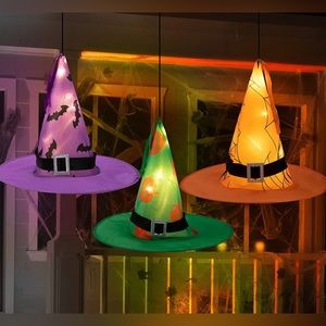 3 Pcs Lighted Hanging Witch Hats, Battery Powered LED Halloween String Lights